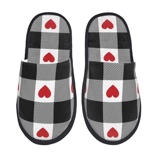 Fotbe Heart Black Buffalo Plaid Gingham Pantuflas Peludas para Mujer con Estampado, Zapatillas de Peluche, Zapatos de Invierno para Casa, Uso Interior y Exterior-Medium