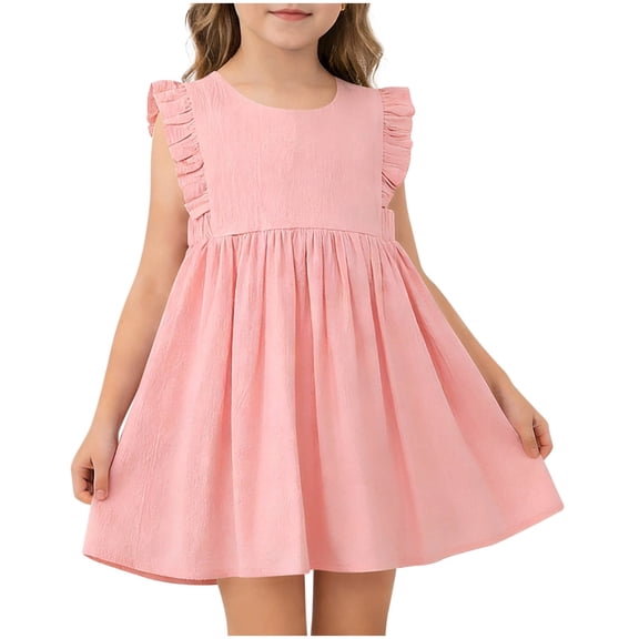 Kids Girls Cotton Ruffle Sleeve A-Line Sundress Breathable Solid Pink Casual Dress for Kids Age 2-7 Years,Size 6-7 T