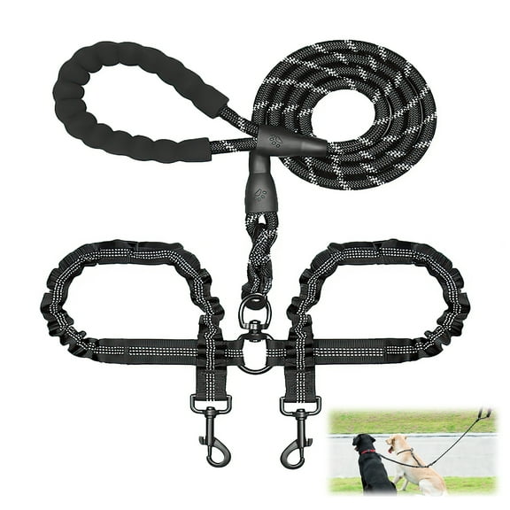 Double Leash for Two Dogs with Tangle-Free Swivel, 360 Swivel Shock Absorbing Bungee, Rope Reflective Leash for Walking 2 Dogs, Black (25-150 lbs)