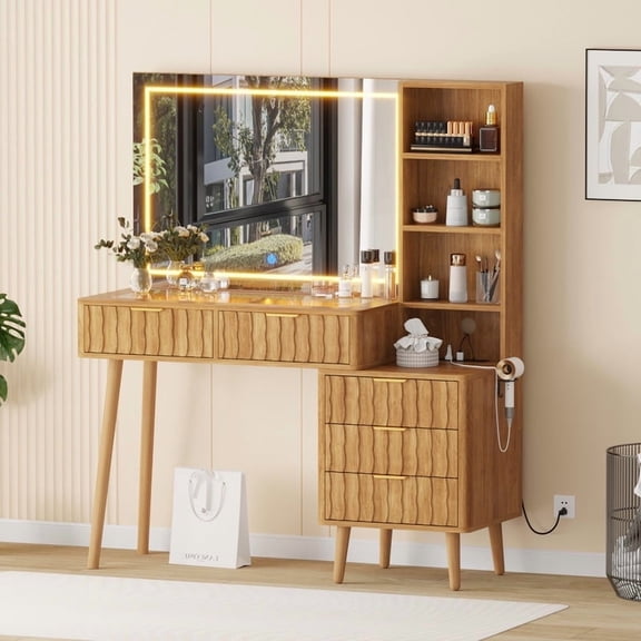48" Fluted Makeup Vanity Table with 36" LED Mirror & 3 Color Lights Elegant Fluted Vanity Desk with 5 Storage Drawers Open Shelfs Dressing Table with Charging Station & Hair Dryer Rack for Bedroom
