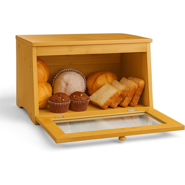Panera de Bambú Bluelander con Gran Capacidad, Caja de Madera con Ventana Transparente