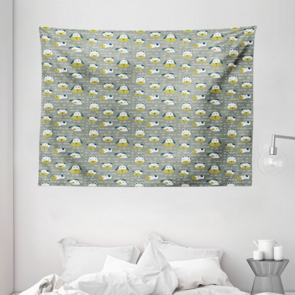 Kids Boys Tapestry, Doodle Style House Pet Portraits with Spirals Background, Wall Hanging for Bedroom Living Room Dorm Decor, 80W X 60L Inches, Dark Blue Yellow Pale Sage Green, by Ambesonne