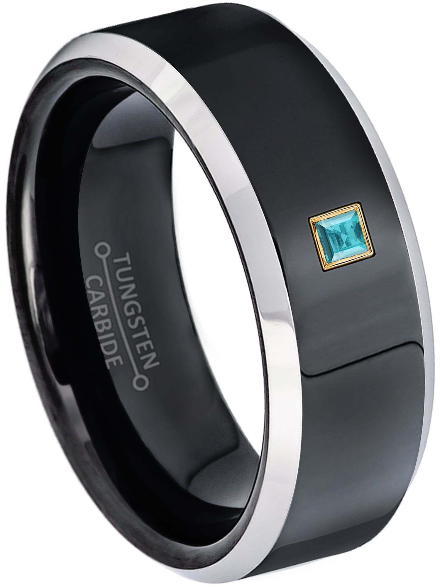 0.05ctw Solitaire Princess Cut Topaz Tungsten Ring 6MM Polished Beveled Comfort Fit 2-Tone Black Tungsten Carbide Wedding Band November Birthstone Ring
