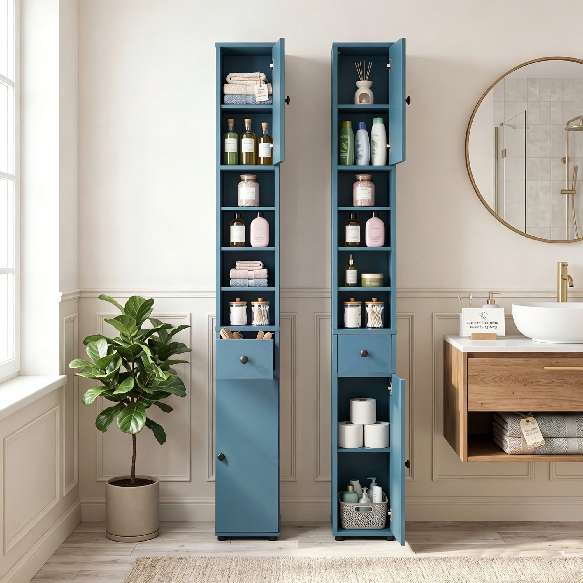 Costway Slim Bathroom Tall Cabinet with 2 Doors, 1 Drawer & 5 Adjustable Shelves for Home Blue