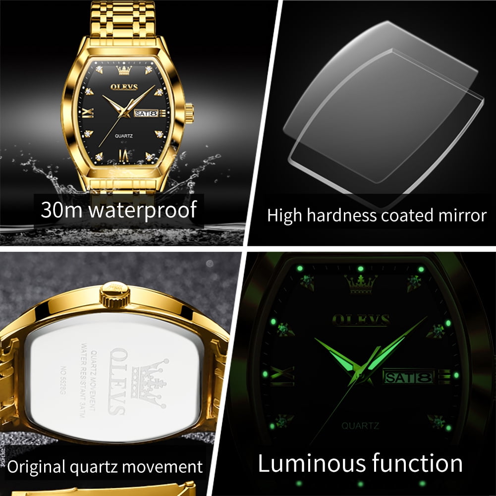 OLEVS Mens Watches Square Business Dress Diamond Analog Quartz Date Luxury Watches for Men Dress Casual Stainless Steel Waterproof Luminous Mens Wrist Watches Gifts Reloj para Hombre Gold/Black Dial