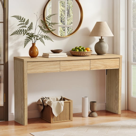 YOCWO 59" Narrow Console Table with Drawers and Charging Station, Mid Century Modern Sofa Table for Entryway Hallway & Home Office, Natural