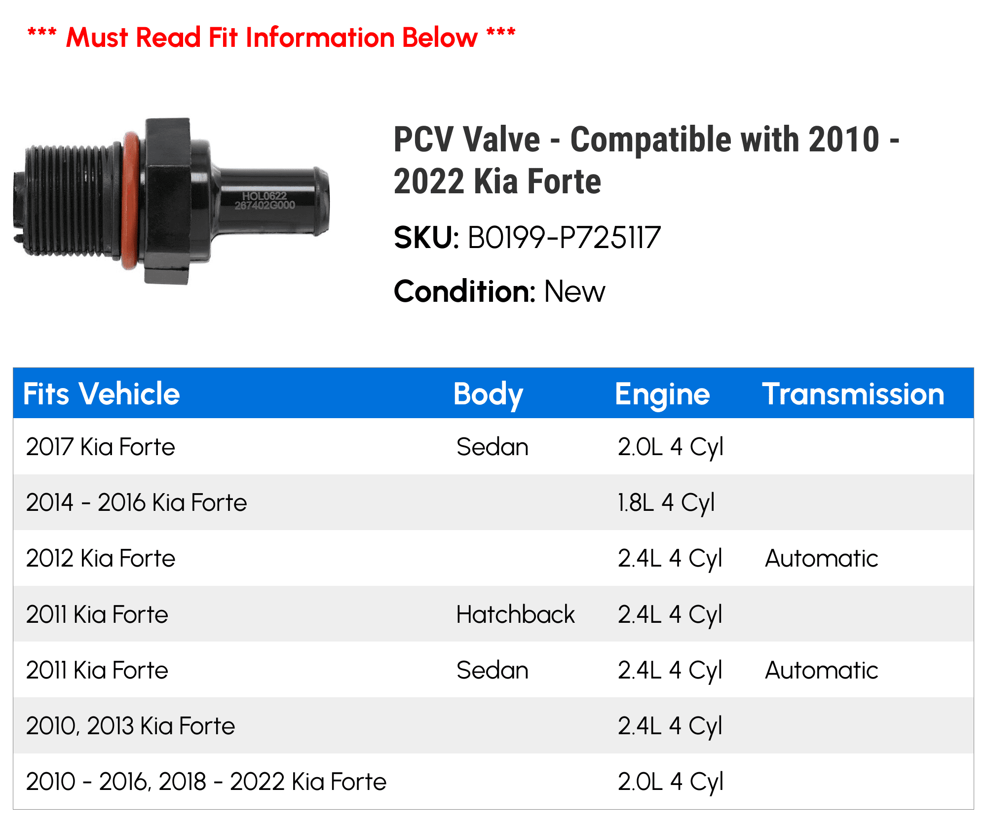 PCV Valve - Compatible with 2010 - 2022 Kia Forte - Holstein