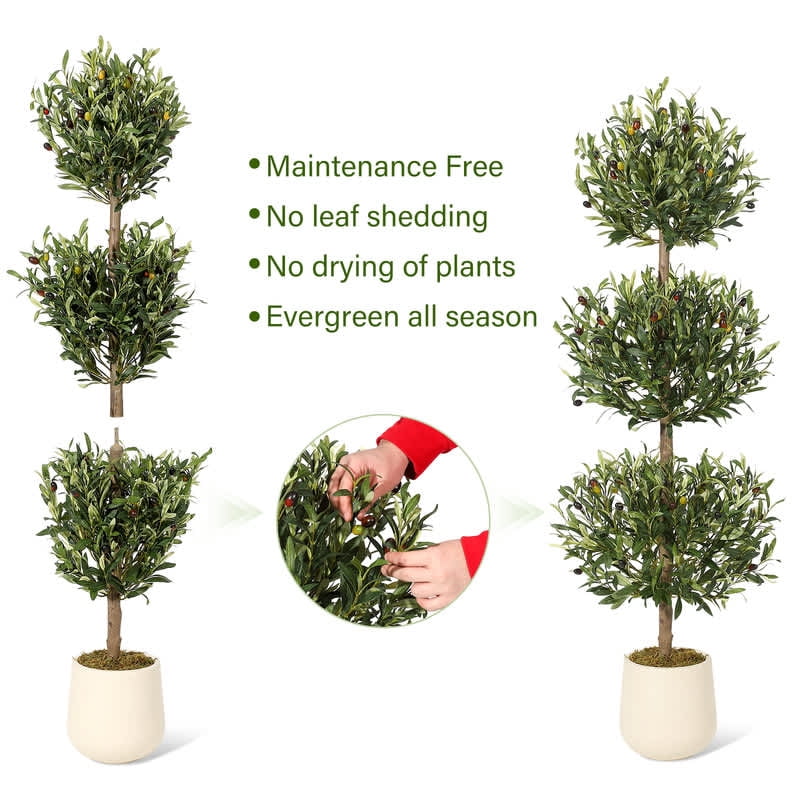 EastVita 59 Inch Artificial Ball Topiary Olive Tree, Fake Green Realistic Potted Olive Plant with Olives, Moss Decor Bag, White Pot, Indoor Outdoor Artificial Plants for Porch Living Room 1PCS
