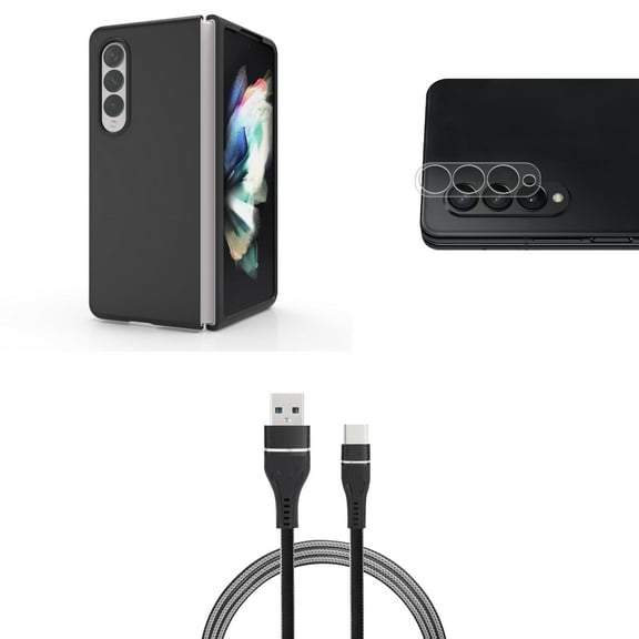 Bemz Premium Bundle for Samsung Galaxy Z Fold 3 5G: Slim Snap-On Protector Case (Black), Rear Camera Glass Protector, Nylon Braided USB-C to USB-A Cable (3 Feet)
