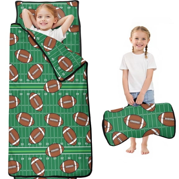Football Field Green Pattern Teens Toddler Nap Mat with Pillow, Sleeping Mat Bag for Preschool Daycare 59"x22"
