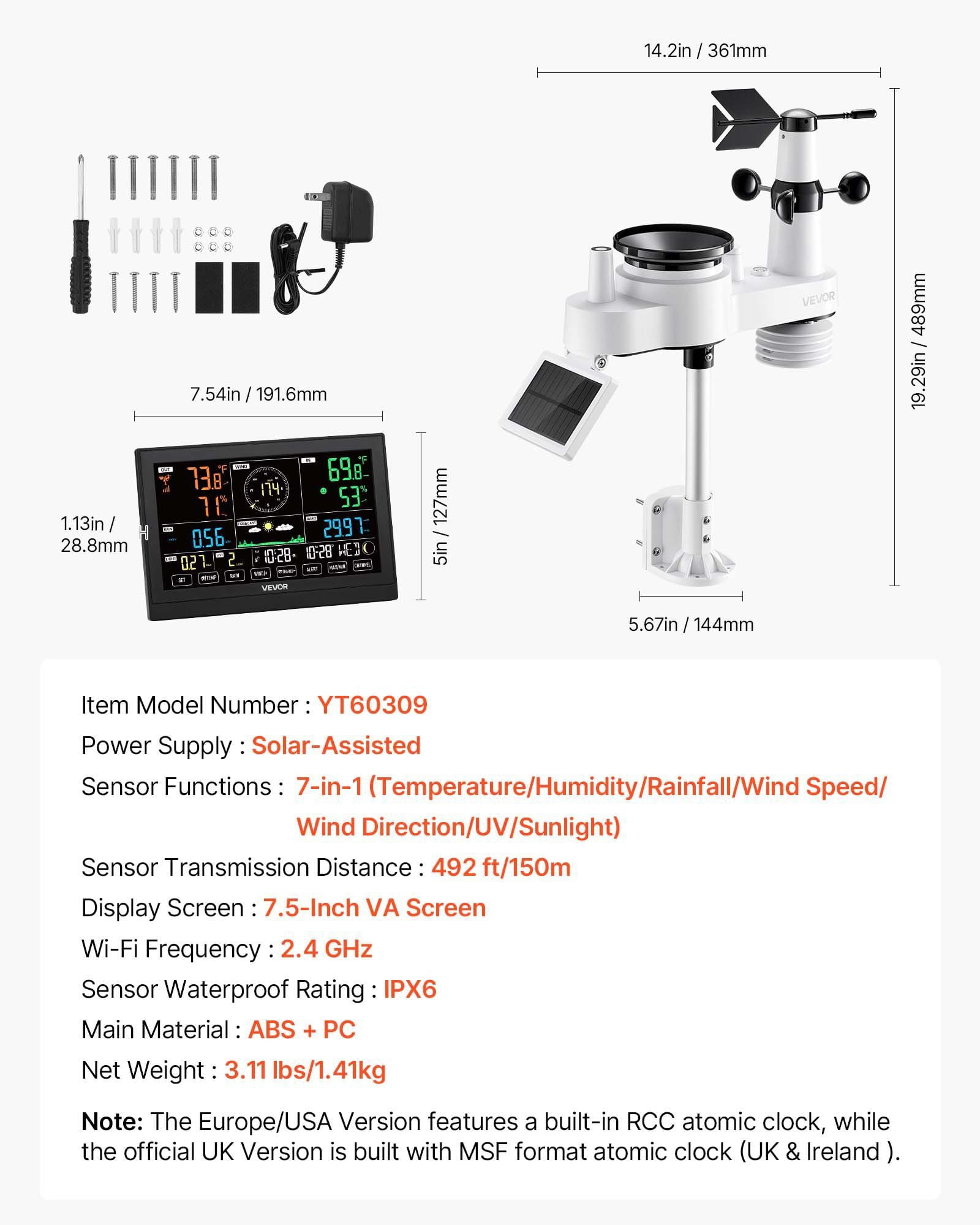 7-in-1 Wireless Weather Station with 7.5-Inch VA Display Solar Powered Outdoor Sensor Rain Gauge for Indoor Outdoor Temperature Humidity Wind Speed and Direction Forecast No WiFi