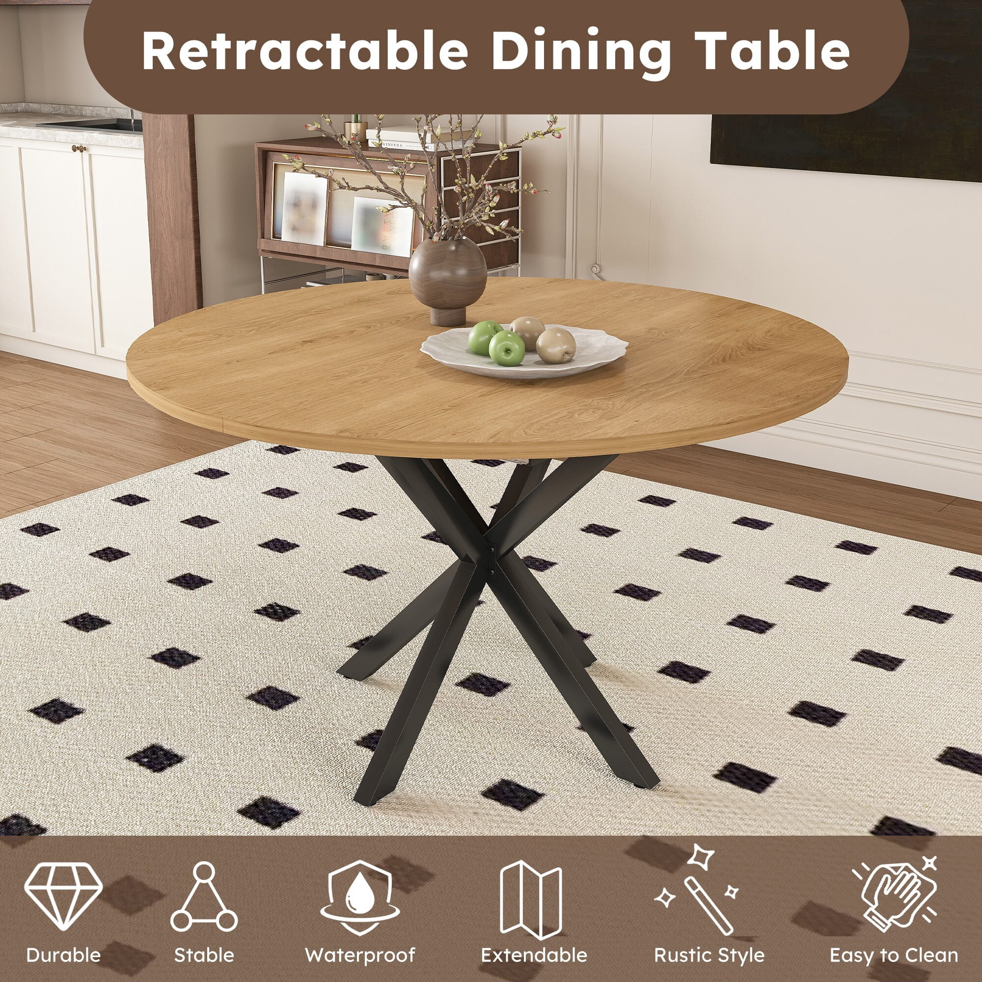 AENKYO 42"-58" Expandable Round Dining Table, Natural Wood Color Top & Black X-Base Pedestal, Seats 4-6
