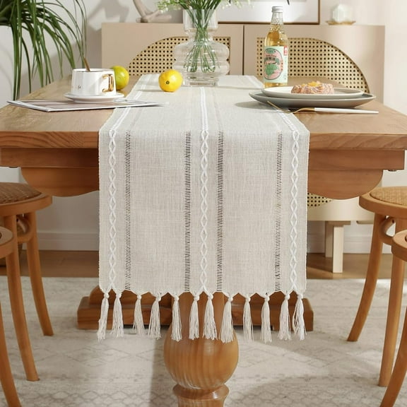TETOU Linen Rustic Table Runner with Handmade Tassels, Boho Farmhouse Table Decoration for Holiday Party Wedding Dinner Tablecloth