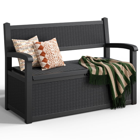 Nihsuao 80 Gallon Plastic Storage Bench Made of Durable Weatherproof Resin, Deck Box Lockable Storage Compartment for Outdoor Patios & Lawns, Black