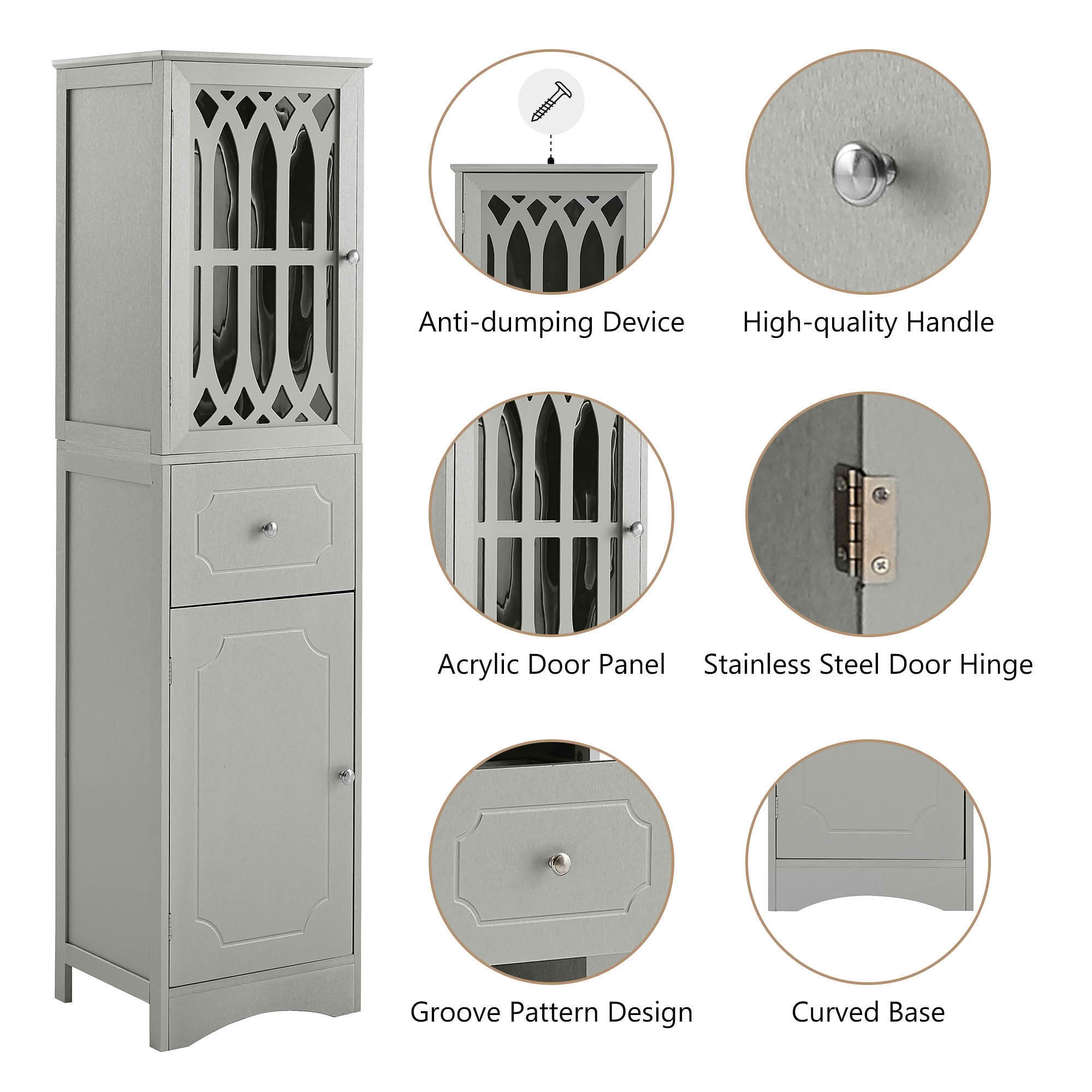 MAYEERTY Tall Bathroom Cabinet Freestanding Storage Drawer Doors MDF Acrylic Door Adjustable Shelf Gray