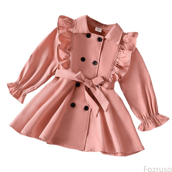 Fozruso Girls Dresses Kids Double Breasted Trench Coat For Girls Elegant Long Sleeve Ruffle Fall Outerwear With Waist Tie For Toddler Sizes 3-4 Years