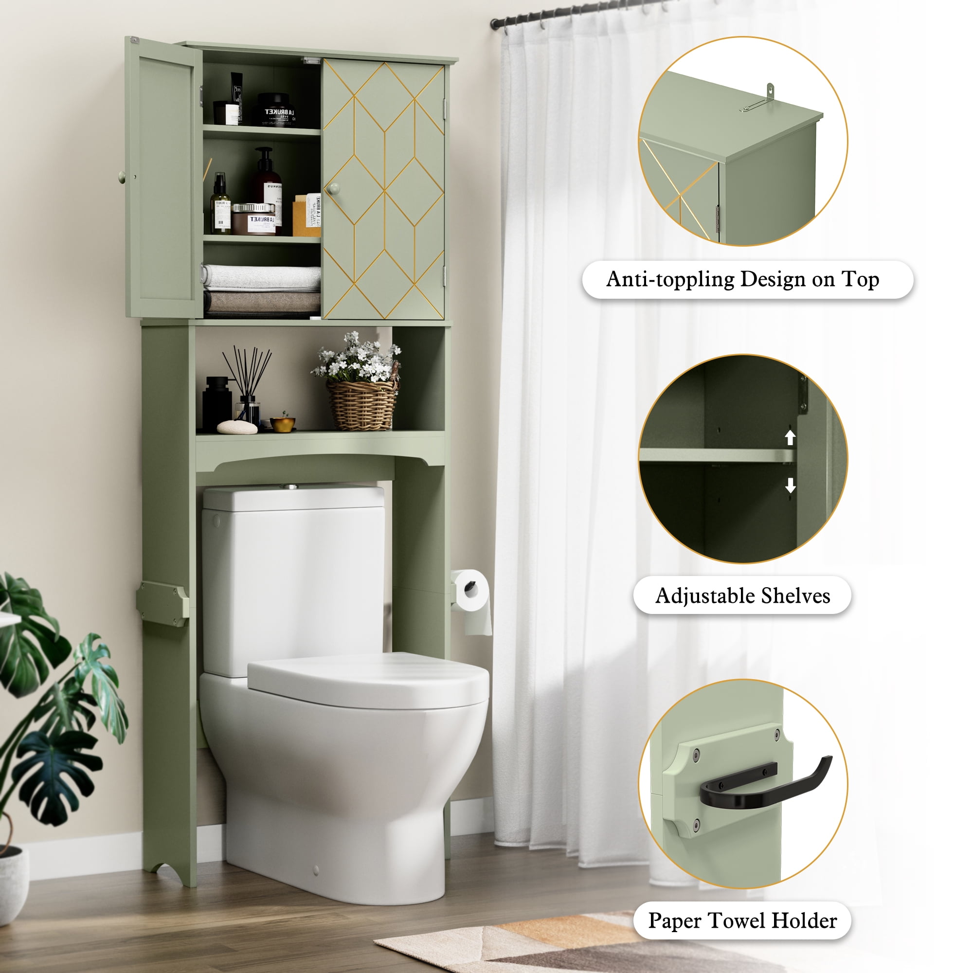 HLR Over The Toilet Storage Cabinet, Bathroom Above Toilet Storage Cabinet with Doors and Adjustable Shelves, Green