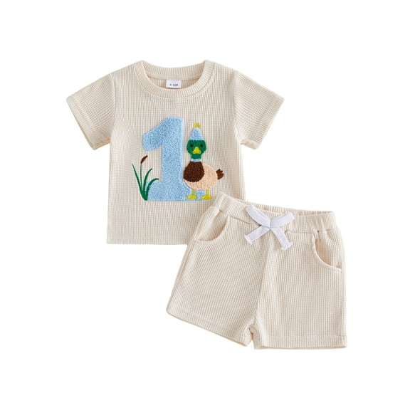 BemeyourBBs Toddler Baby Boys Birthday Duck Outfits 1st 2nd 3rd Years Old Birthday Summer Clothes Letter Embroidery Short Sleeve Waffle Knit T Shirt Tops and Shorts Set