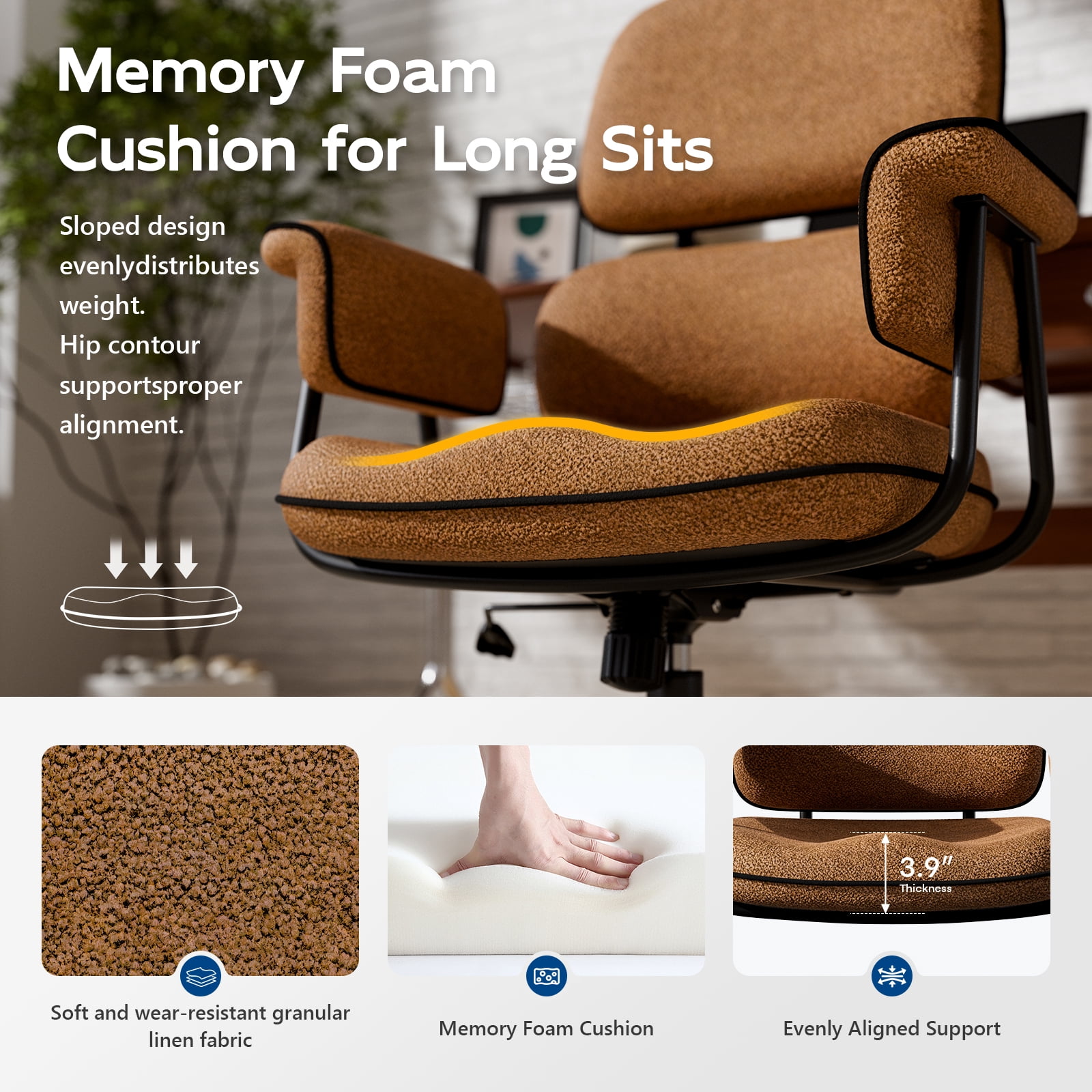Genpo Desk Chair with Wheels and Arms, Brown Linen Fabric Executive Office Chair with Memory Foam Wide Seat, Padded Arms, Lumbar Support and Adjustable Height