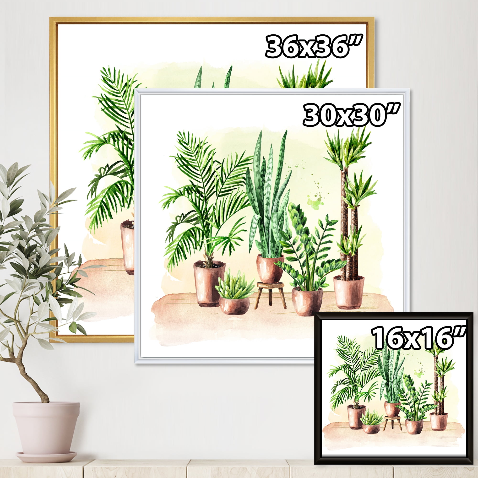 Designart 'Indoor Green Home House Plants in Pots I' Traditional Framed Canvas Wall Art Print