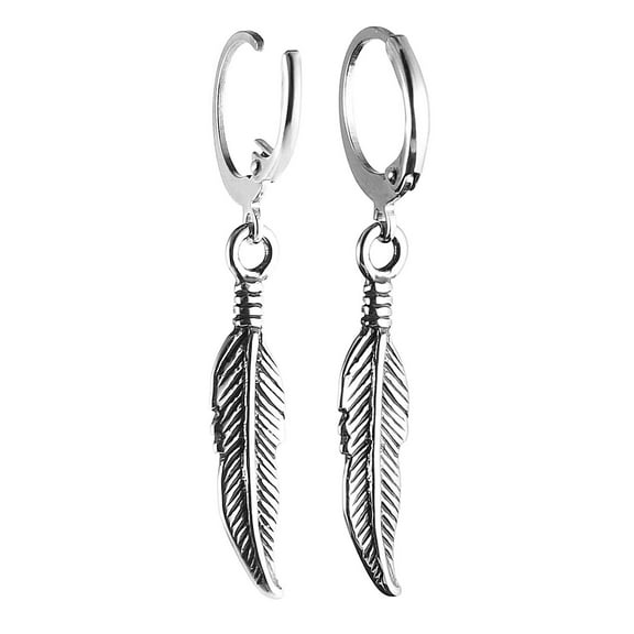HZMAN Bike Punk Stainless Steel Feather Design Hoop Earrings, Christmas Thanksgiving New Year Wedding Gift (Feather Design Silver)