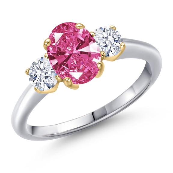 Gem Stone King 925 Silver and 10K Yellow Gold Pink Zirconia and White Zirconia Engagement Ring for Women | 1.71 Cttw | Oval 8X6MM | Gemstone Birthstone | Size 9