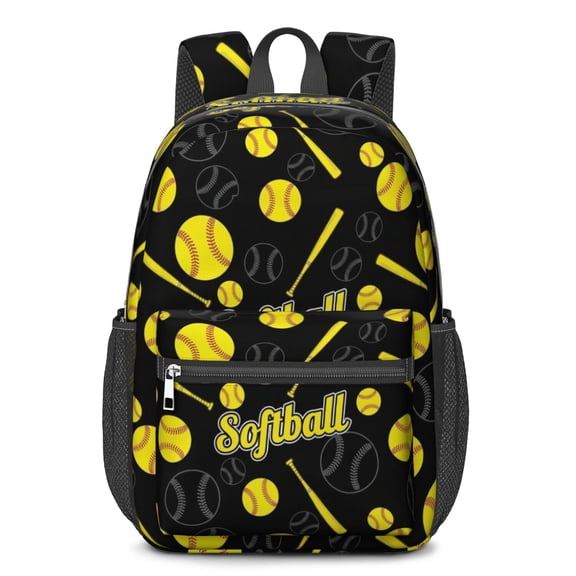Softballs and Text Black Pattern 17" School Backpacks for Teens,Waterproof Oxford Fabric,S-Shape Padded Straps for School,Travel,Hiking,Camping