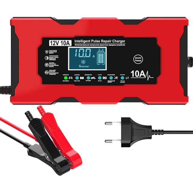 10A 12V LiFePO4 Batteriladdare, Smart Batteriladdare med Automatisk Reparationsfunktion och LCD-Skärm, Bilbatteriladdare