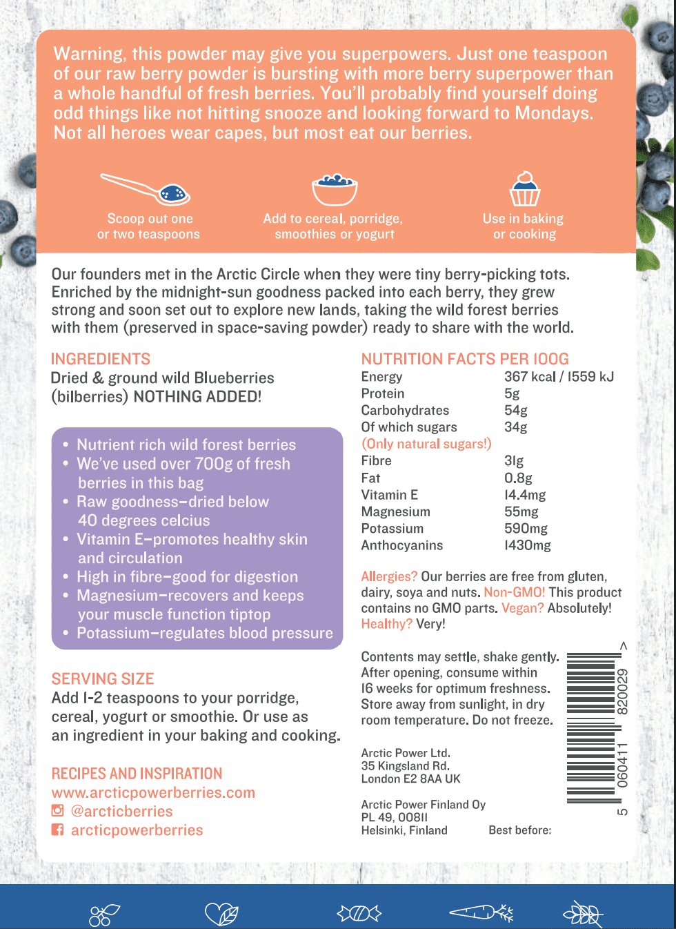 Arctic Power Berries Blueberry Powder, 100% Wild Arctic, No Added Sugar, 16 Servings, 70g