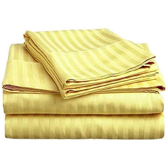 Ensemble de Draps 4 Pcs en Coton Égyptien 100 % à 700 Fils (1 Drap Plat, 1 Drap-Housse, 2 Taies d'Oreiller) Poche Profonde de 27 Pouces Motif à Rayures
