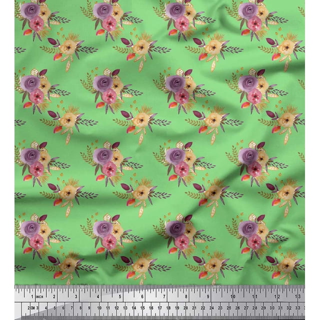 Soimoi Green Silk Fabric Leaves & Ranunculus Floral Decor Fabric Printed Yard 42 Inch Wide