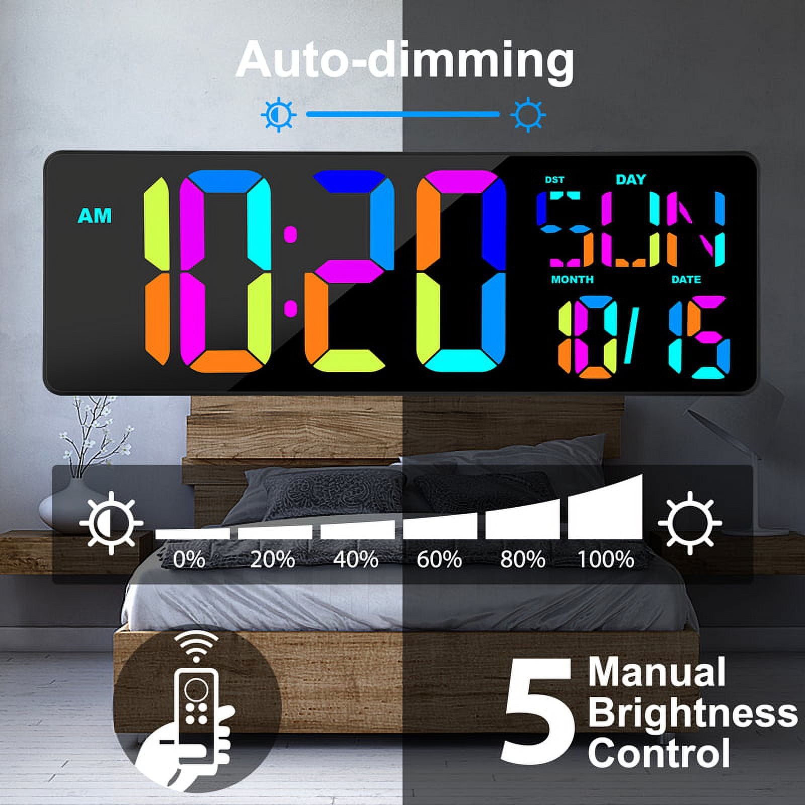 Large Digital Wall Clock with Remote Control 17.2 LED Large Display Timer  with Temperature Date Week Auto DST Adjustable Brightness, Big Wall Alarm