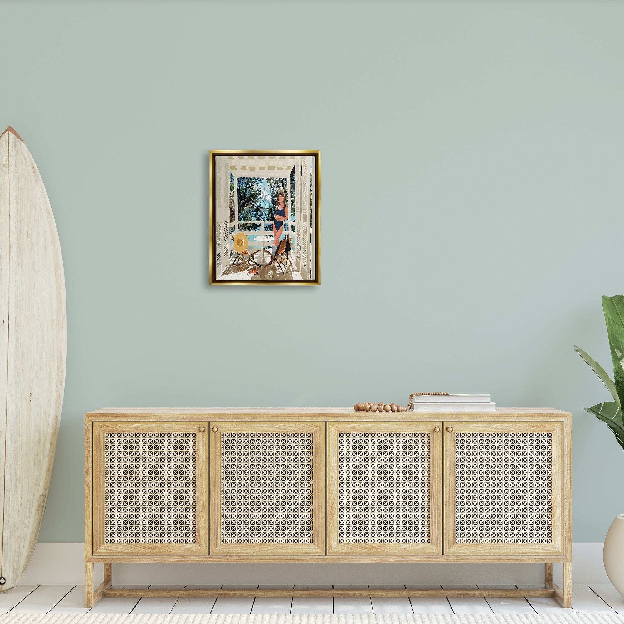 Stupell Industries Woman Coastal Beach Canopy Summer Ocean Scene Graphic Art Metallic Gold Floating Framed Canvas Print Wall Art, Design by Amelia Noyes