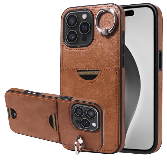 Case for iPhone 16 Pro Max Wallet with Credit Card Holder & Finger Ring Kickstand, Premium PU Leather Slim Cover Shockproof Scratch Resistant Full Protection Phone Case for iPhone 16 Pro Max, Brown