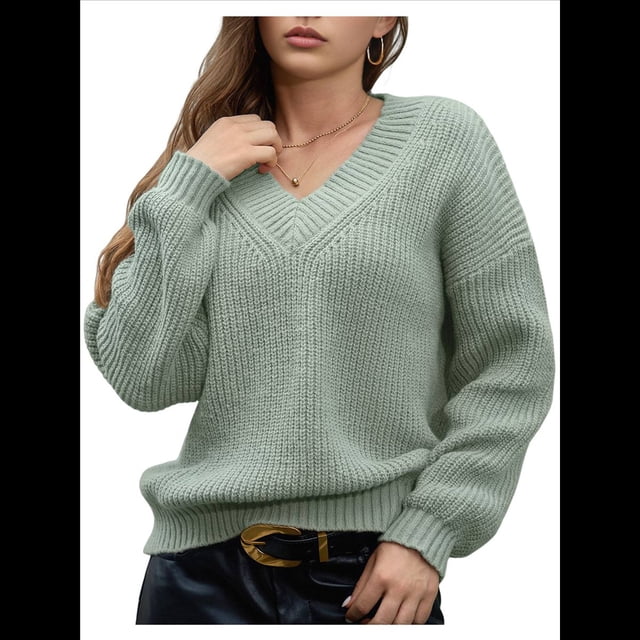 Suéter de Larga con Cuello en V para Mujer, Suéter Holgado de Punto Grueso de Gran Tamaño. Verde M