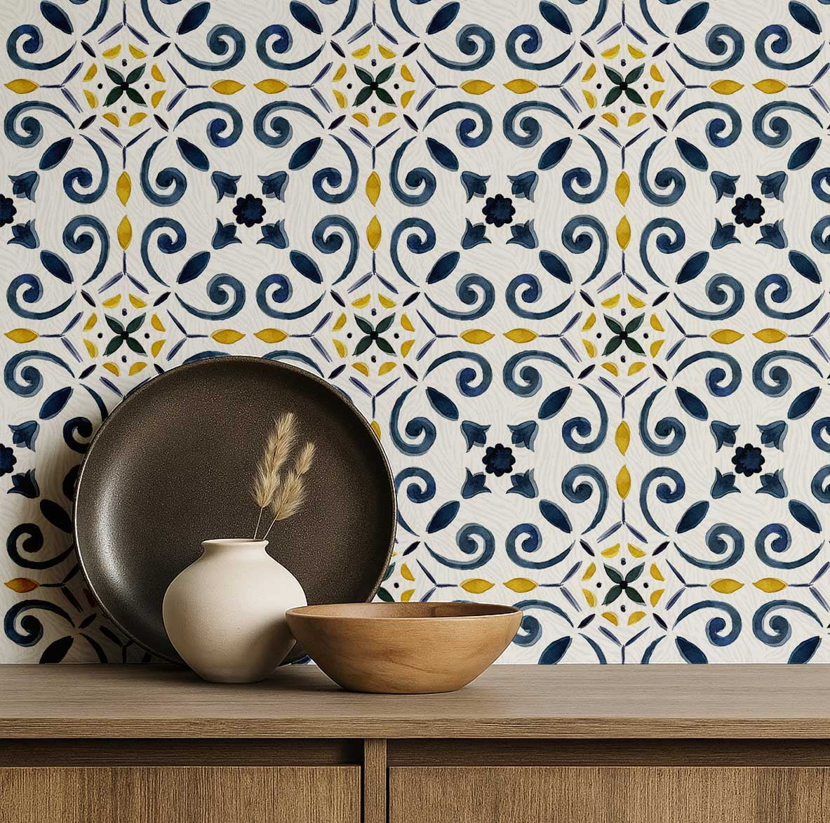 S4sassy Removable Vintage Style Waterproof Wall Wrap, Finish Mosaic Tile Wallcover, Scroll Tile Contact Paper for Backsplash, Kitchen, Self Adhesive Vinyl Wallpaper Roll - Blue - 25"x60"