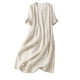 thumbnail image 2 of ICHUANYI Clearance Summer Women's Cotton Linen Solid Loose Short Sleeve V-Neck Dress(Beige, M) ICHUANYI WER2023081110058, 2 of 3