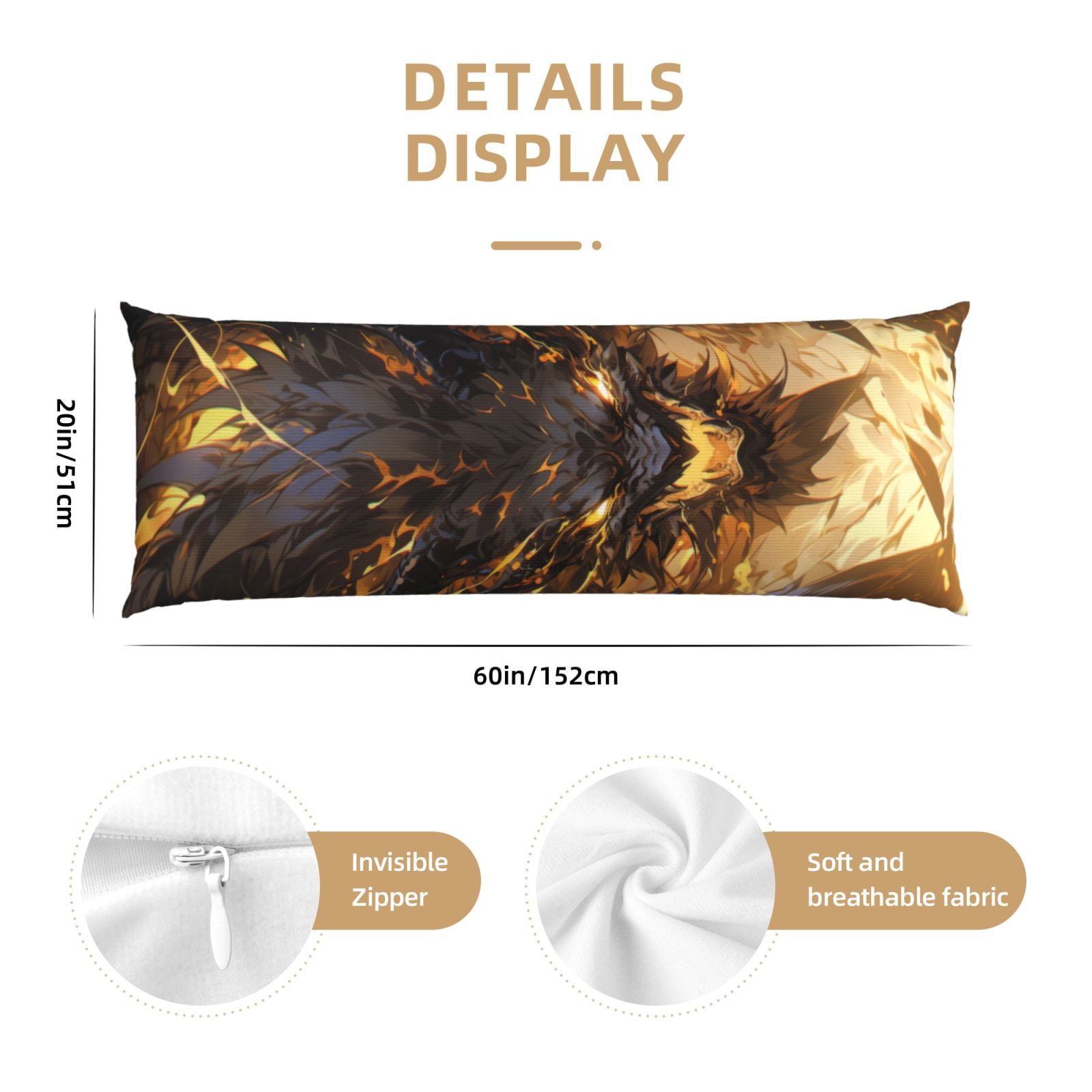 Naloa Cool Black Gold Dragon Super Soft 20x60 Body Pillow Case,Long Side Hidden Zipper（PILLOWS ARE NOT INCLUDED）