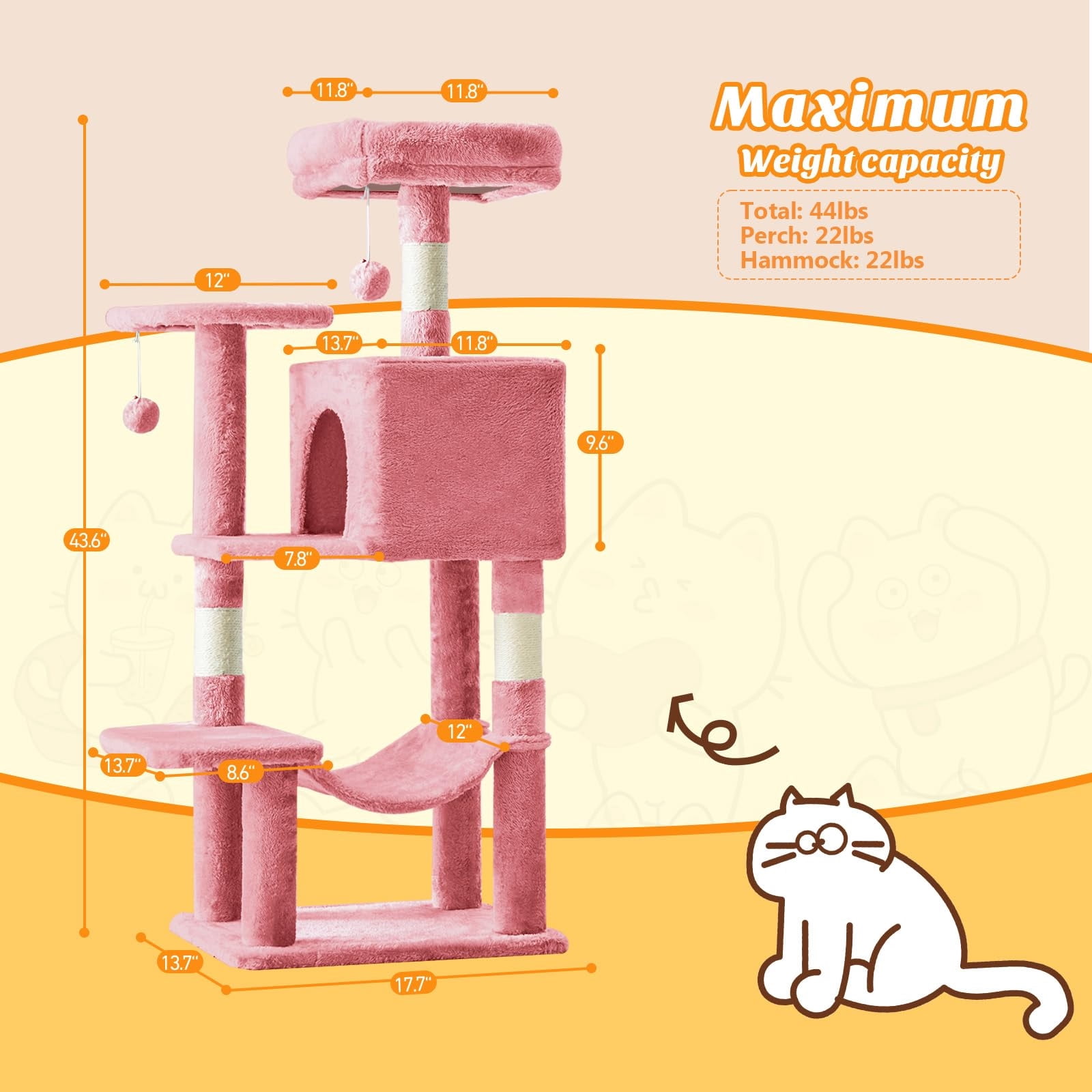 Kelno 44" Cat Tree Tower Durable Cat Climbing Tower with Sisal Scratching Posts Cozy Condo Hammock and Platforms, Pink