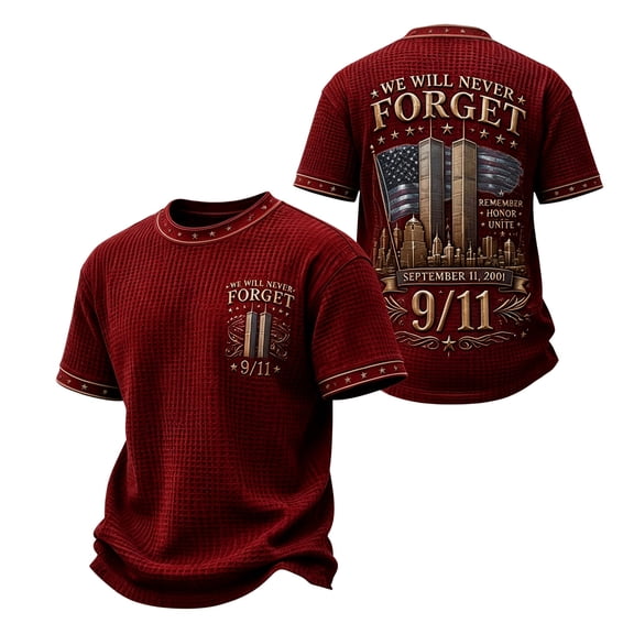 AHMOMEI Never Forget Shirt Men 9/11 Memorial 25th Anniversary Memorial Day Mens Waffle Knit Shirts American Flag Honor Faith Patriotic Shirt
