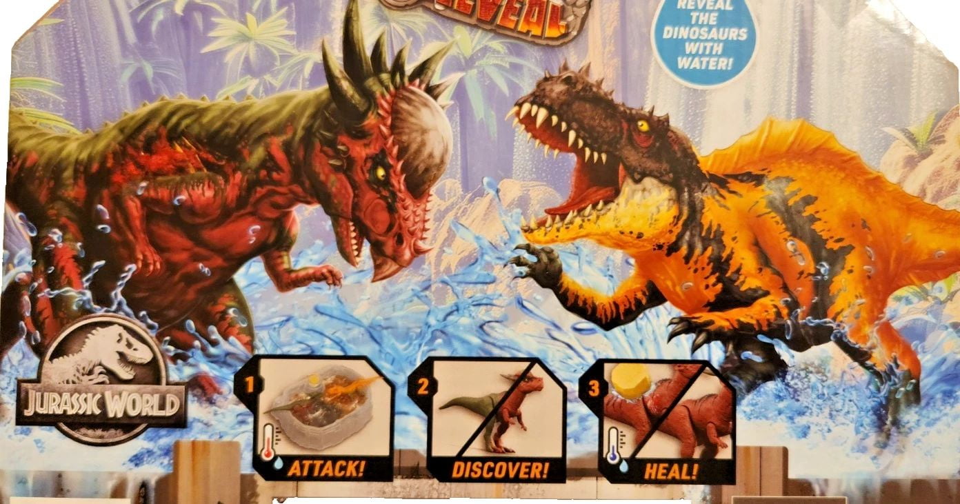 Jurassic World Dino Reveal 2 Dinosaur Toys in Battle Arena, Warm Water Changes Decoration