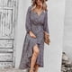 thumbnail image 4 of Vestido largo fluido de manga larga con cuello en V y estampado de flores con volantes y cintura con lazo en niveles para mujer Negro L, 4 of 6