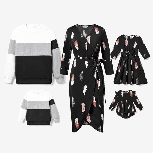 PatPat Conjuntos de sudaderas de bloques de color para la familia y vestidos de chiffón con estampado de plumas superpuestos