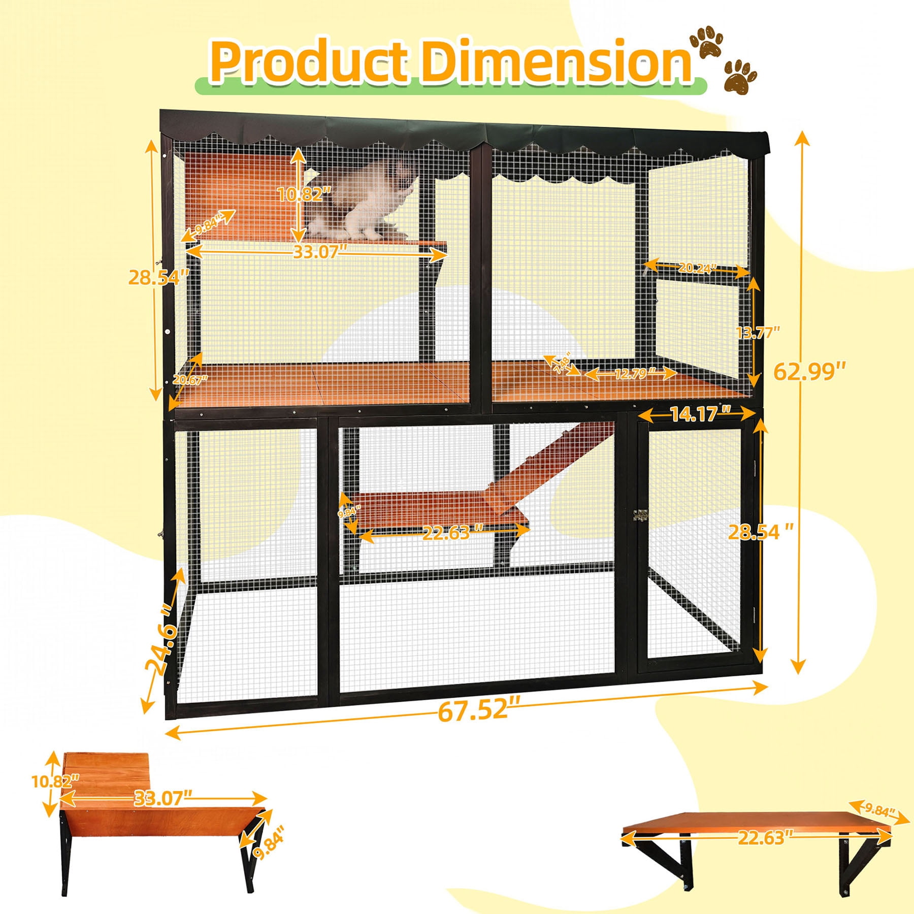 S-HOME Large Four-Tier Wooden Cat Enclosure in Black and Orange with Waterproof Cover and Ramp for Multiple Cats Indoor Outdoor Playhouse