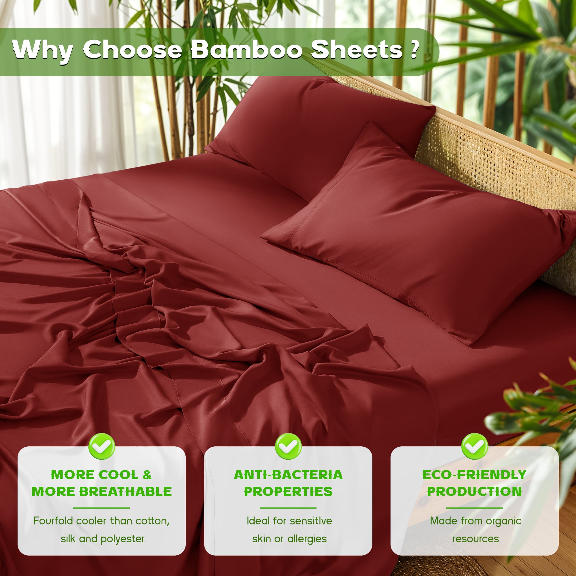 Sonoro Kate Luxury Cooling Bamboo Bed Sheet Set - Deep Pockets - 4 Piece, Queen, Burgundy
