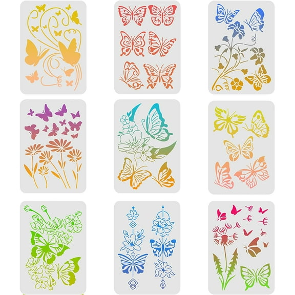 9Pcs Butterfly Painting Stencils 11.6x8.3 inch Dandelion Flowers Stencil Butterfly Reusable Mylar Template Stencils for Painting on Wood Wall Home Decor DIY Crafts Colorful