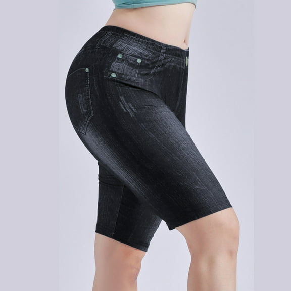 BLTIBY Thigh Shapers for Women Mid Waisted Tummy Control Butt-lifting Seamless Faux Denim Solid Color Shaper Underwear Slimming Shorts Black L