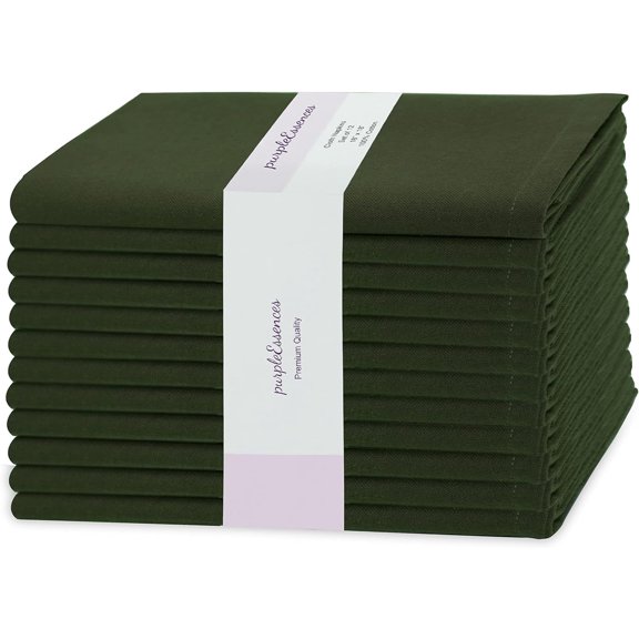 PurpleEssences Set of 12 Solid Cloth Napkins 100% Cotton, Washable, 18x18 in - Olive Green