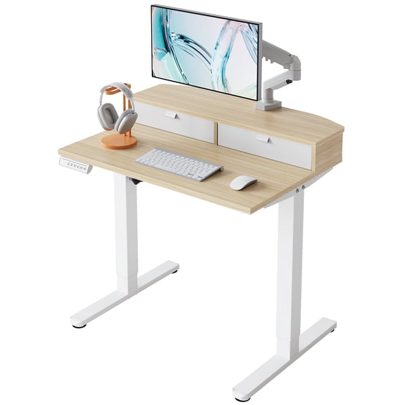 Electric Standing Desk With Drawers Height Adjustable Computer Desk Sit Stand Table C Clamp Compatible Workspace Station For Home Office Light Walnut