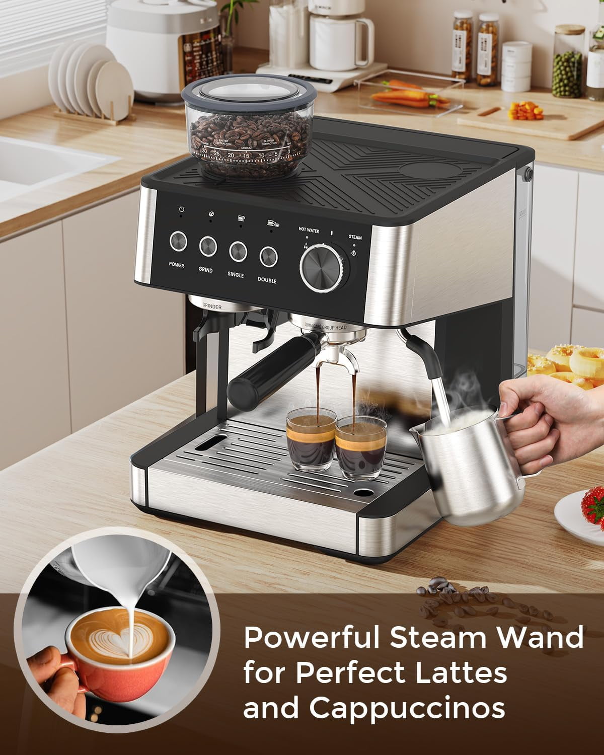 FREE VILLAGE Coffee Maker with Grinder, 20 Bar Expresso Coffee Machines with Milk Frother Steam Wand,Professional Espresso Maker with Removable Water Tank,Cappuccino & Latte Machine for Home